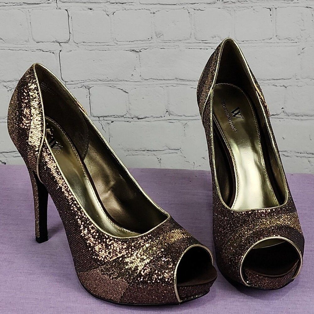 Worthington Lana Gold glitter platform stiletto heels